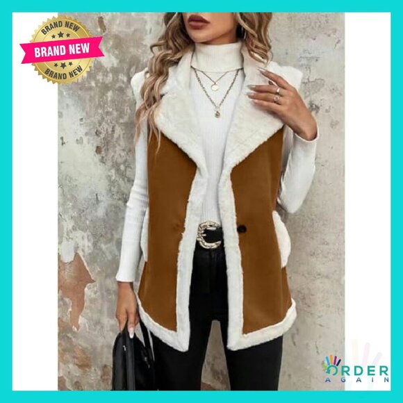 Faux Fur Sherpa Vest Sleeveless Suede Jacket Chic Warm Winter Outerwear - Picture 3 of 6